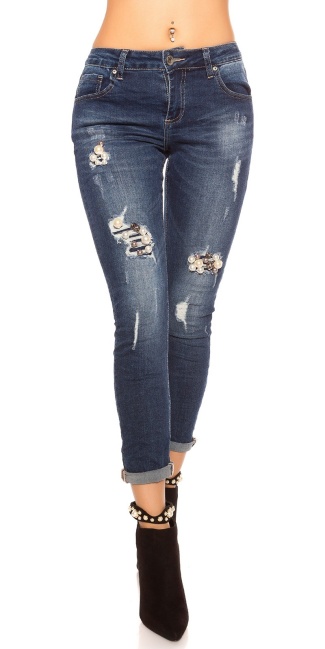 skinny jeans gebruikte used look met parels jeansblauw